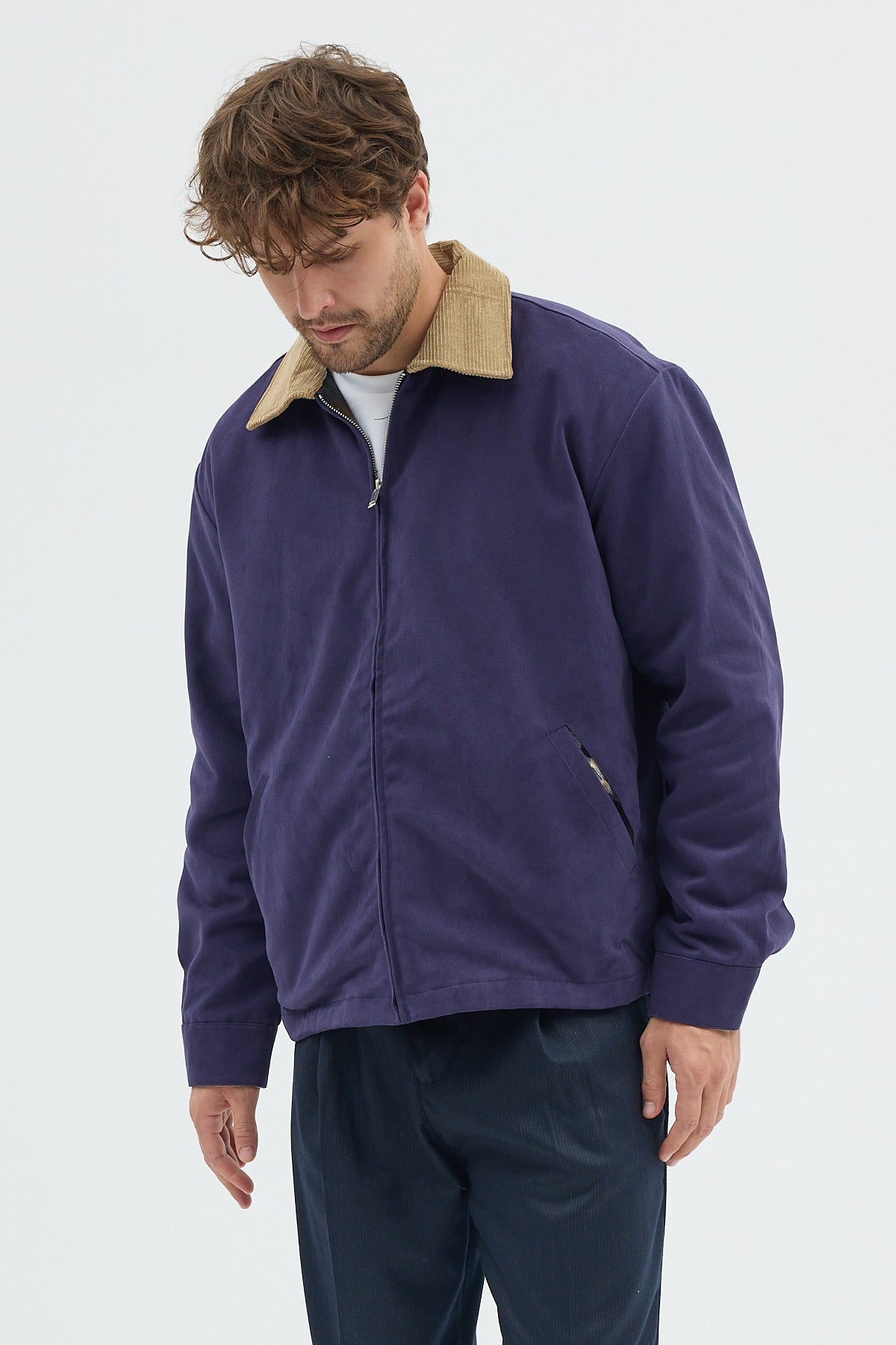 Erkek Kadife Yakalı Gabardin Ceket Mont | Regular Fit Casual Dış Giyim