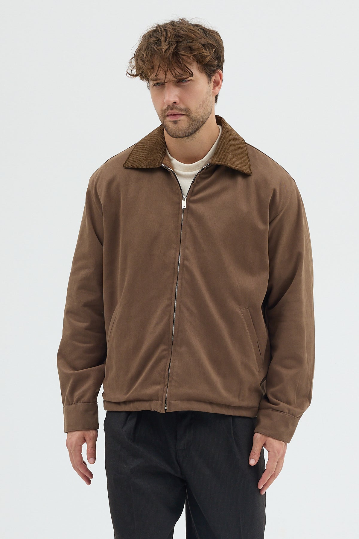 Erkek Kadife Yakalı Gabardin Ceket Mont | Regular Fit Casual Dış Giyim