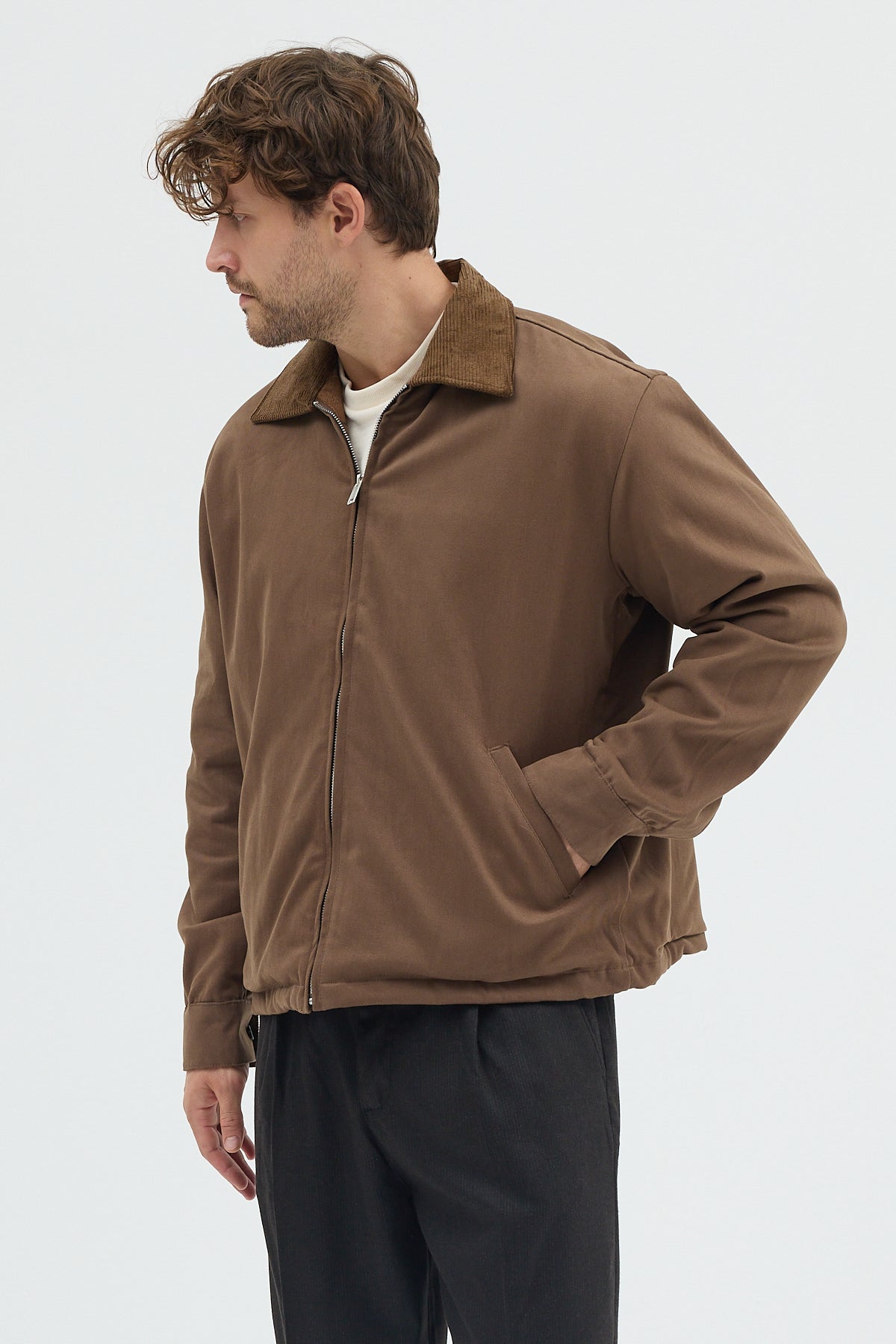 Erkek Kadife Yakalı Gabardin Ceket Mont | Regular Fit Casual Dış Giyim