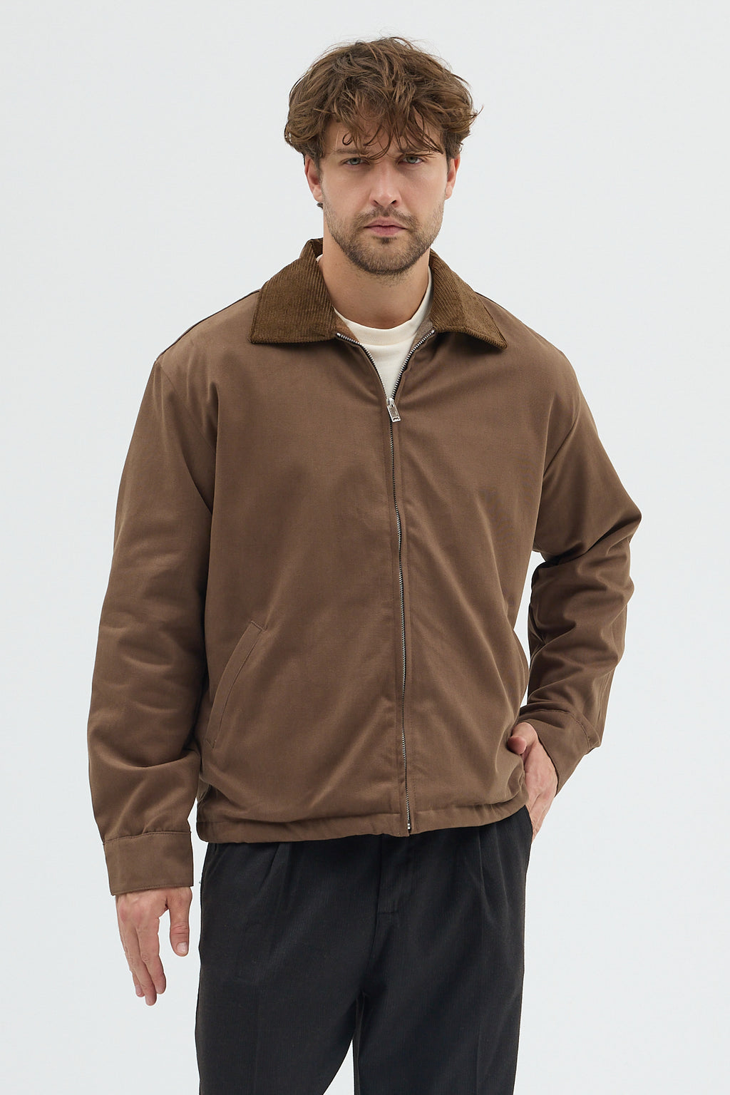 Erkek Kadife Yakalı Gabardin Ceket Mont | Regular Fit Casual Dış Giyim