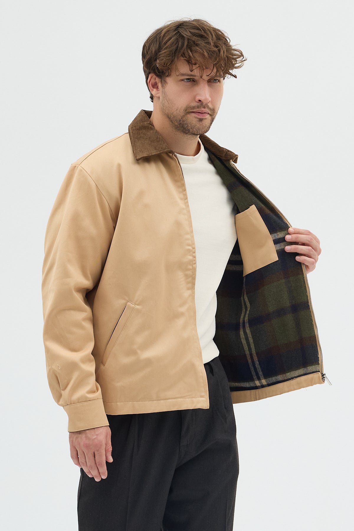 Erkek Kadife Yakalı Gabardin Ceket Mont | Regular Fit Casual Dış Giyim