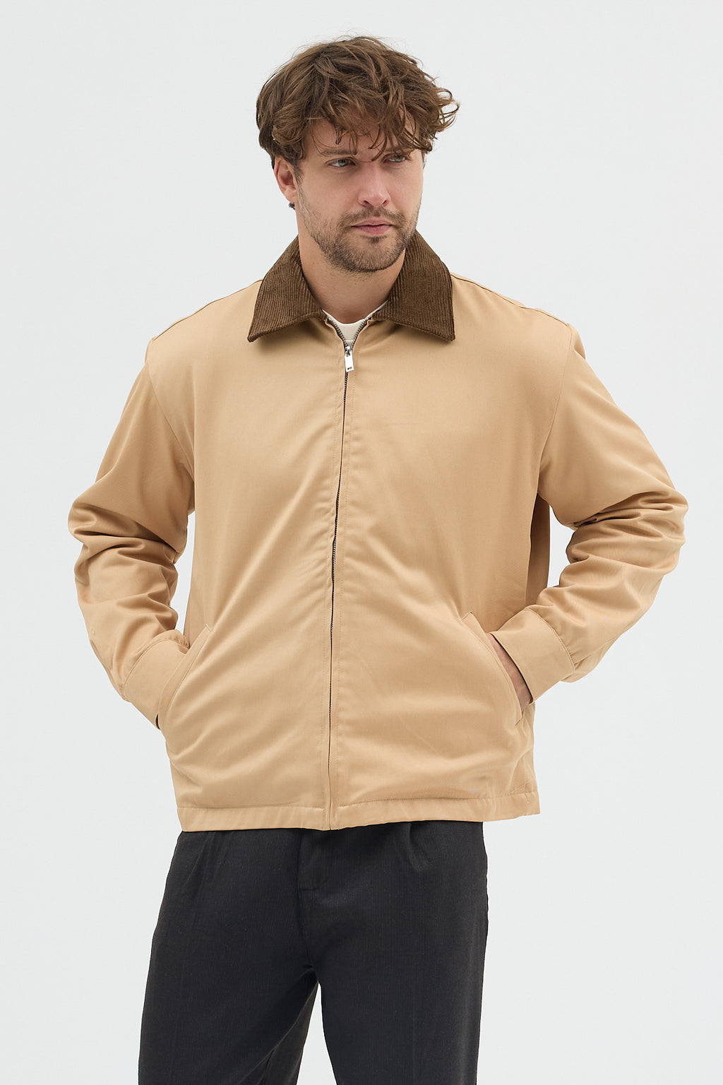 Erkek Kadife Yakalı Gabardin Ceket Mont | Regular Fit Casual Dış Giyim