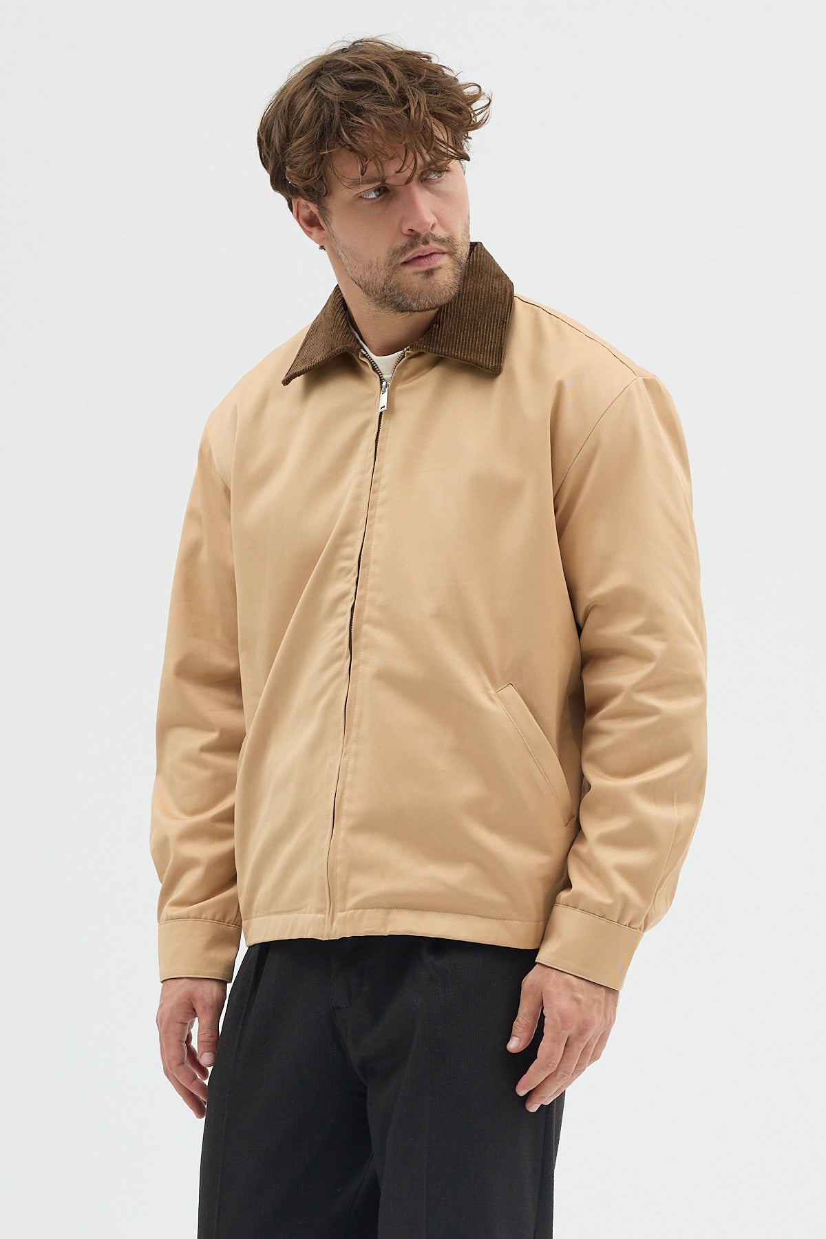 Erkek Kadife Yakalı Gabardin Ceket Mont | Regular Fit Casual Dış Giyim