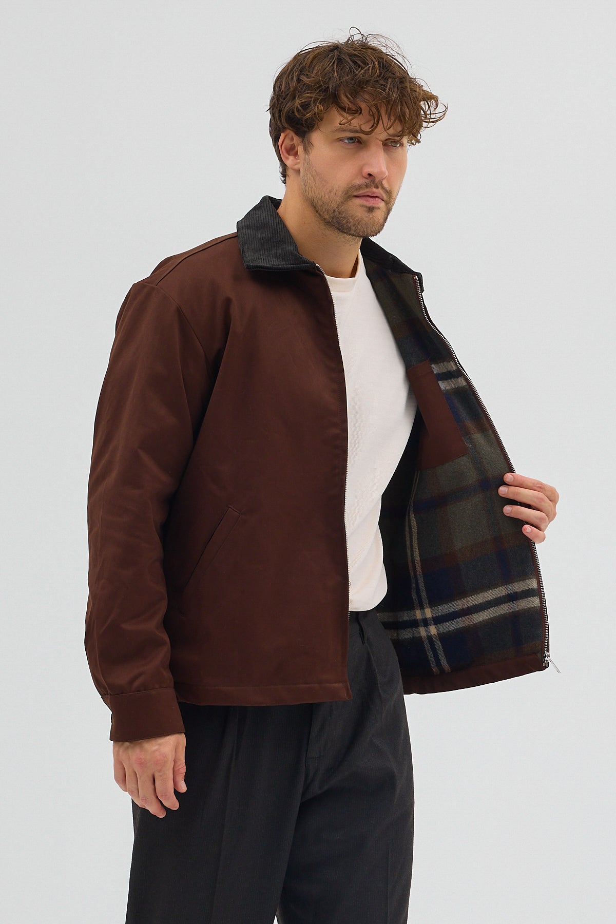 Erkek Kadife Yakalı Gabardin Ceket Mont | Regular Fit Casual Dış Giyim