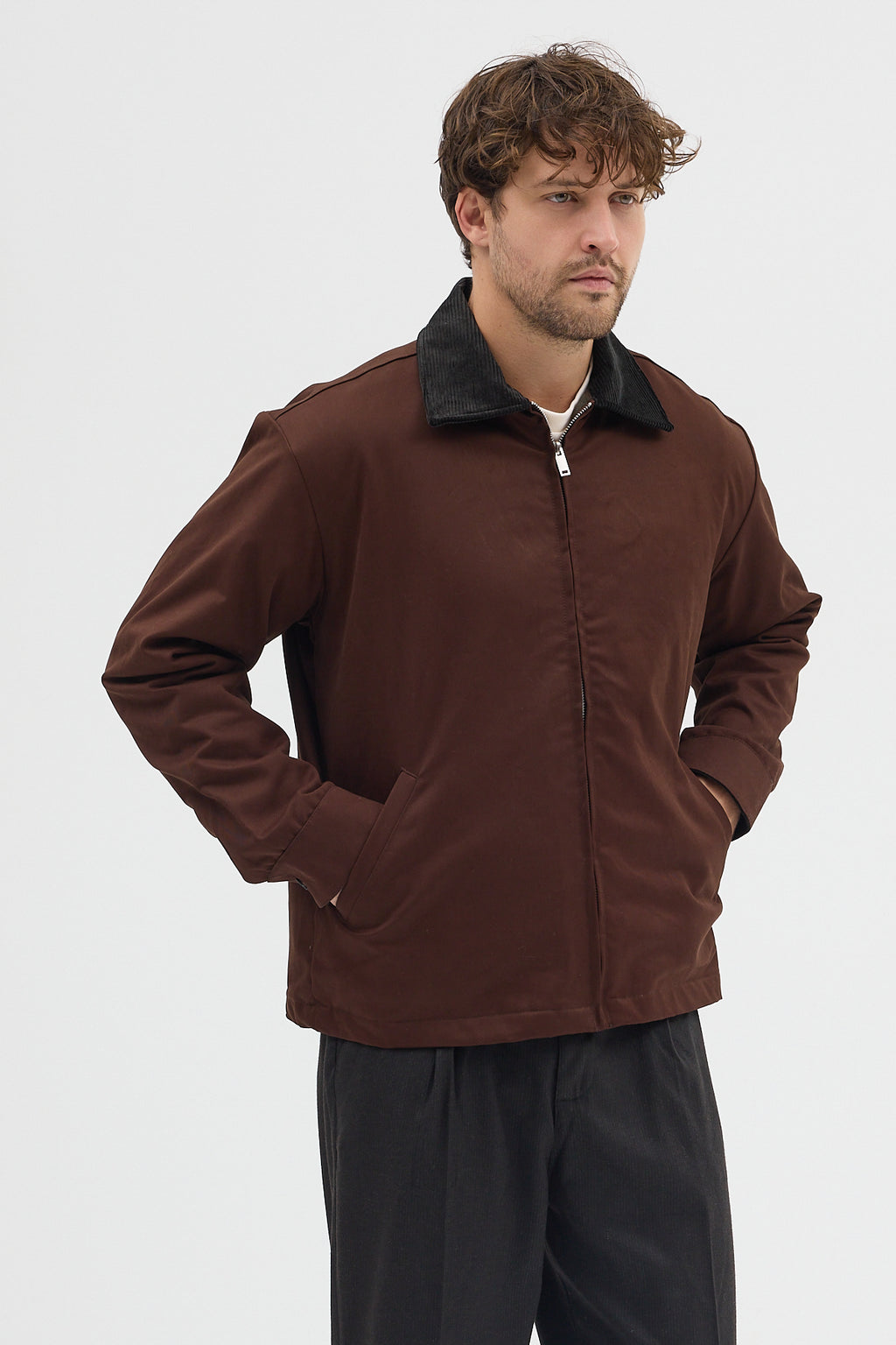 Erkek Kadife Yakalı Gabardin Ceket Mont | Regular Fit Casual Dış Giyim