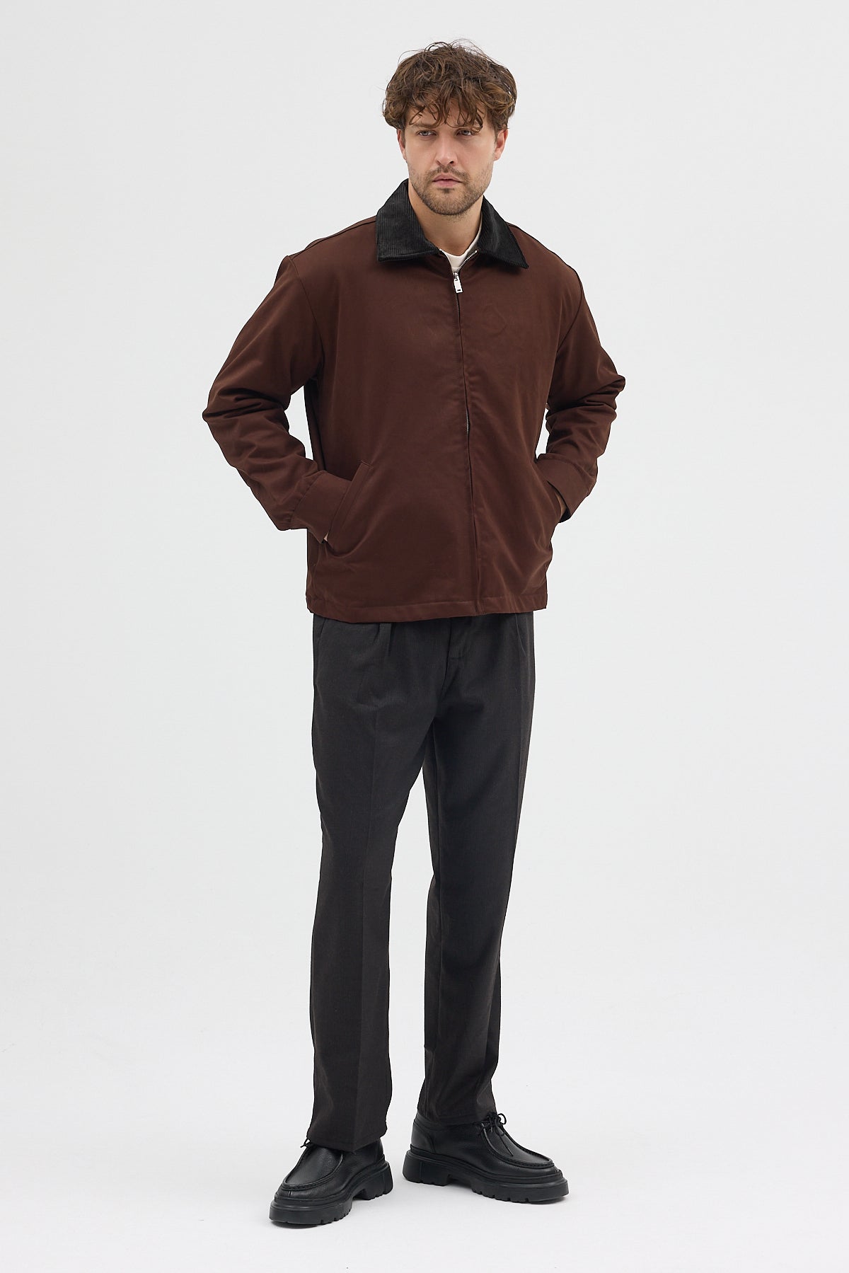 Erkek Kadife Yakalı Gabardin Ceket Mont | Regular Fit Casual Dış Giyim