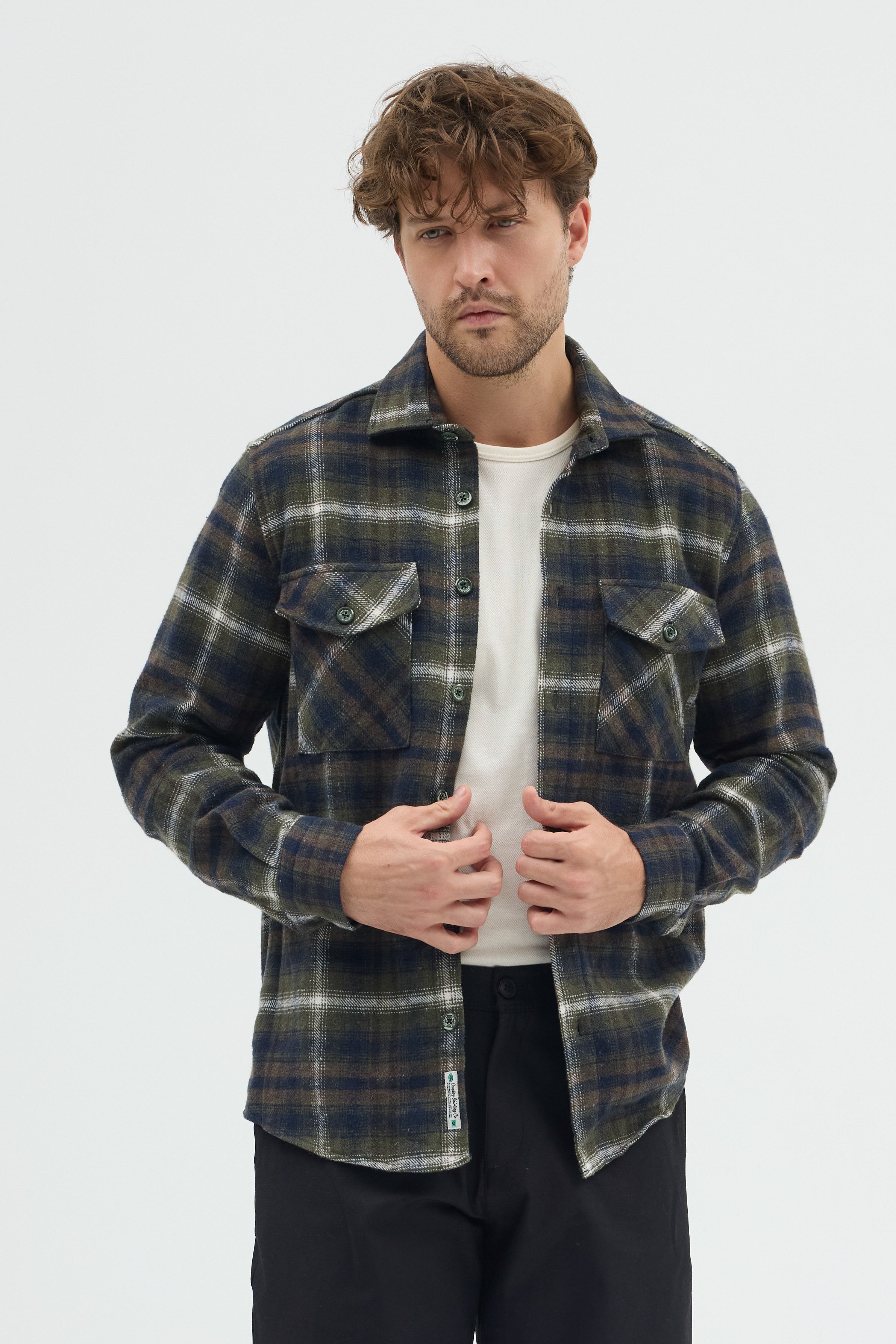 Cosplay Erkek Kalın Flanel Oduncu Kareli Gömlek Ceket Çift Kapaklı Cepli Overshirt