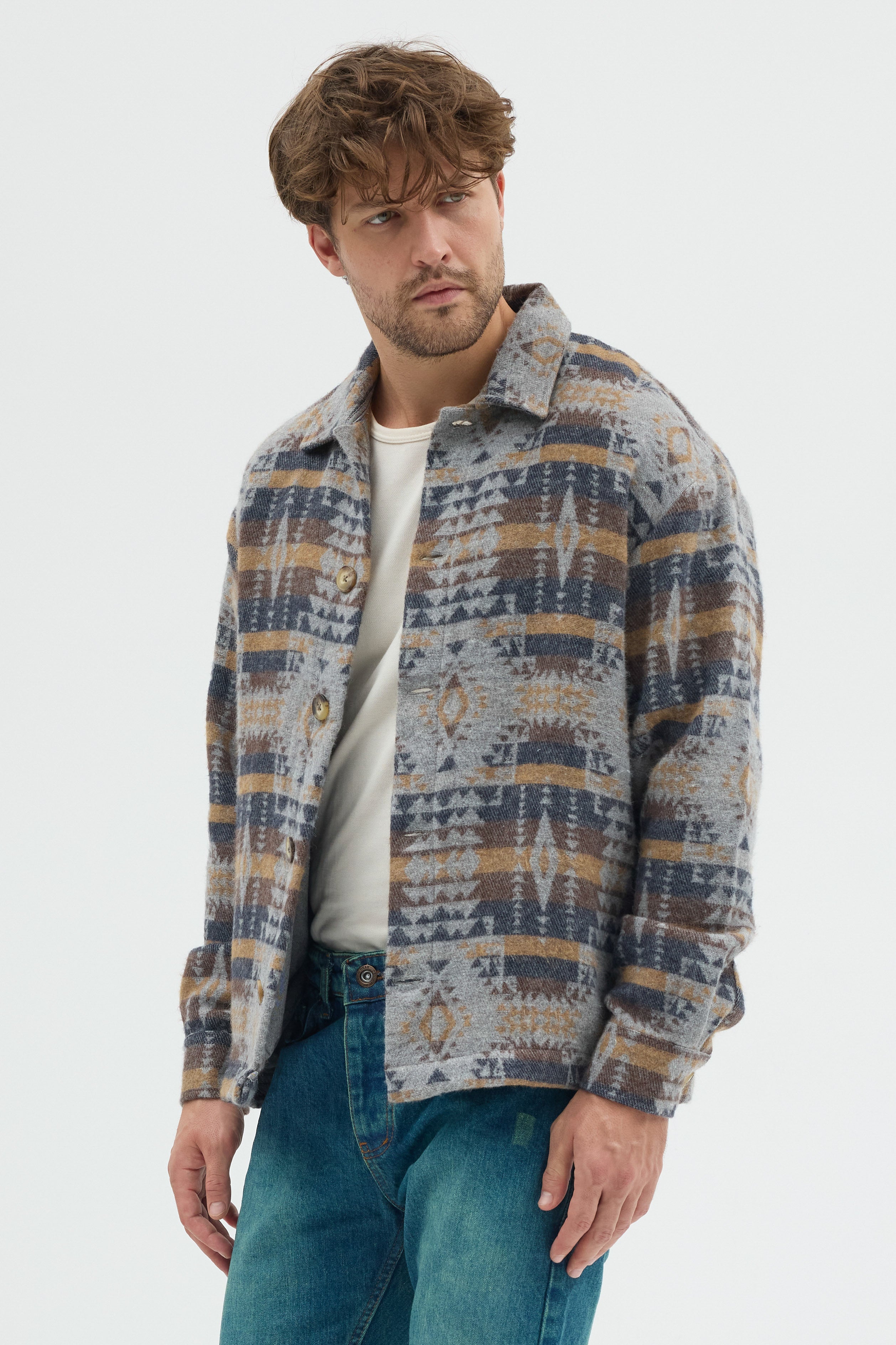 Steppe Rider Erkek Oversize Rahat Kesim Bej Etnik Kilim Desenli Kalın Ceket Gömlek Overshirt