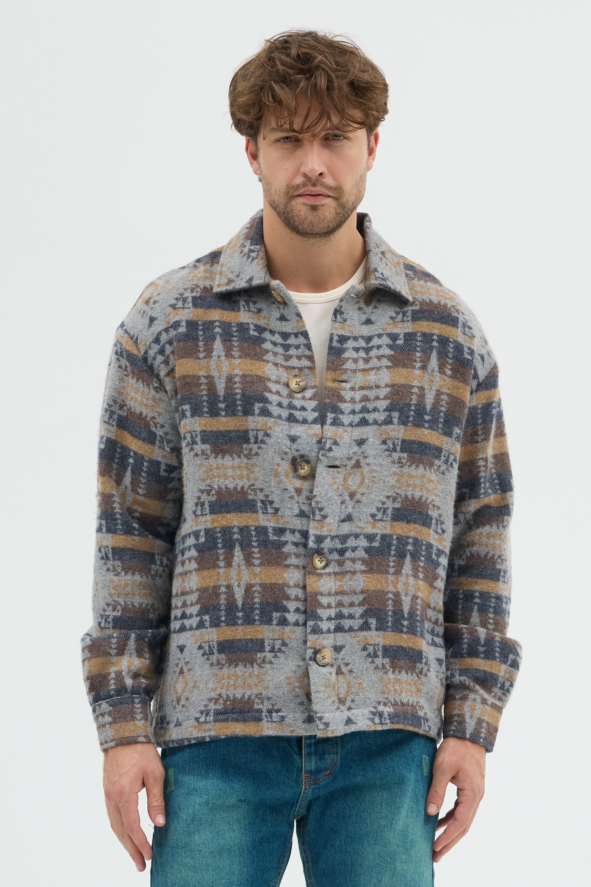Steppe Rider Erkek Oversize Rahat Kesim Bej Etnik Kilim Desenli Kalın Ceket Gömlek Overshirt