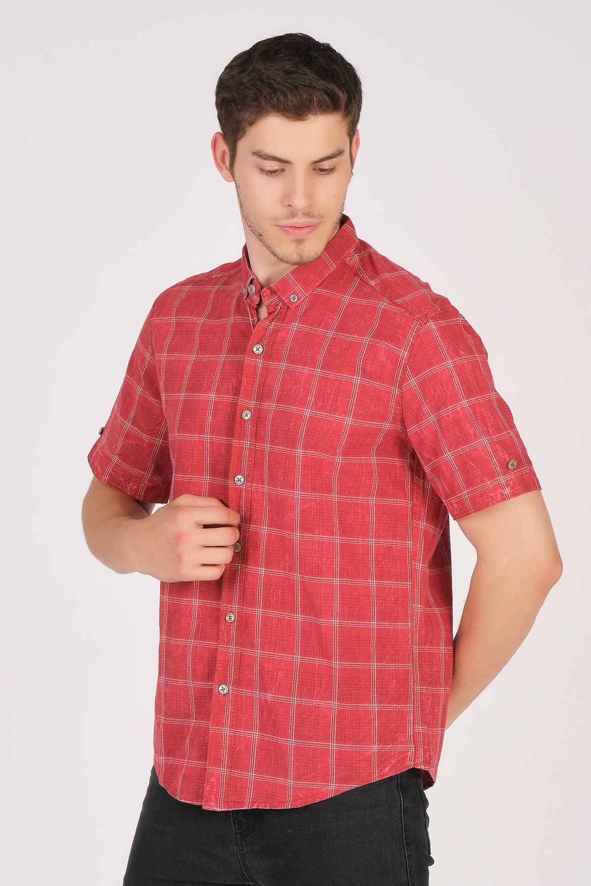 Kısa Kol Slim Fit Ekoseli Gömlek