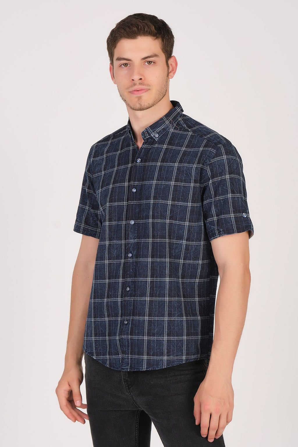 Kısa Kol Slim Fit Ekoseli Gömlek