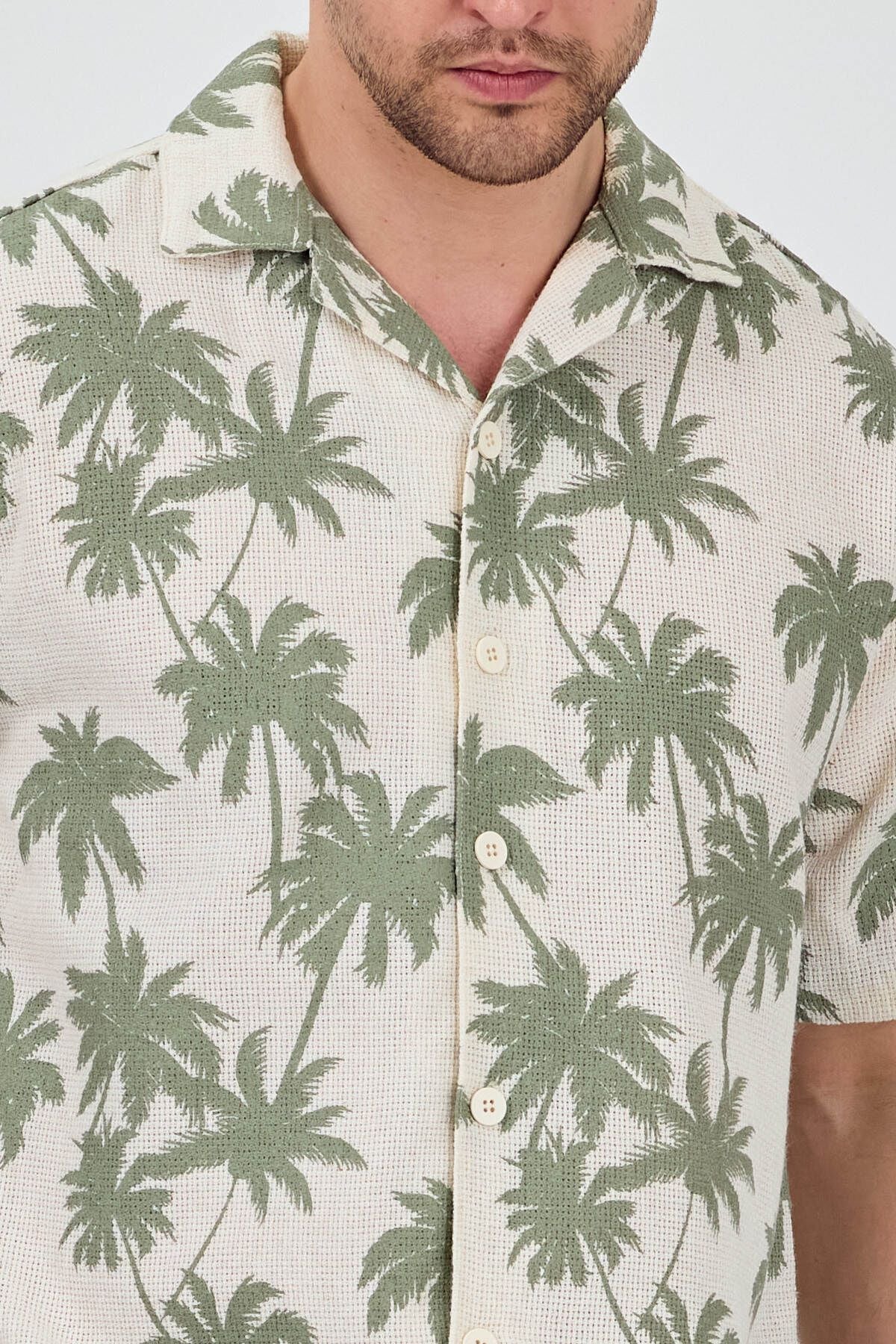 Gömlek Şort Erkek İkili Takım Mavi Krem Palm Desenli