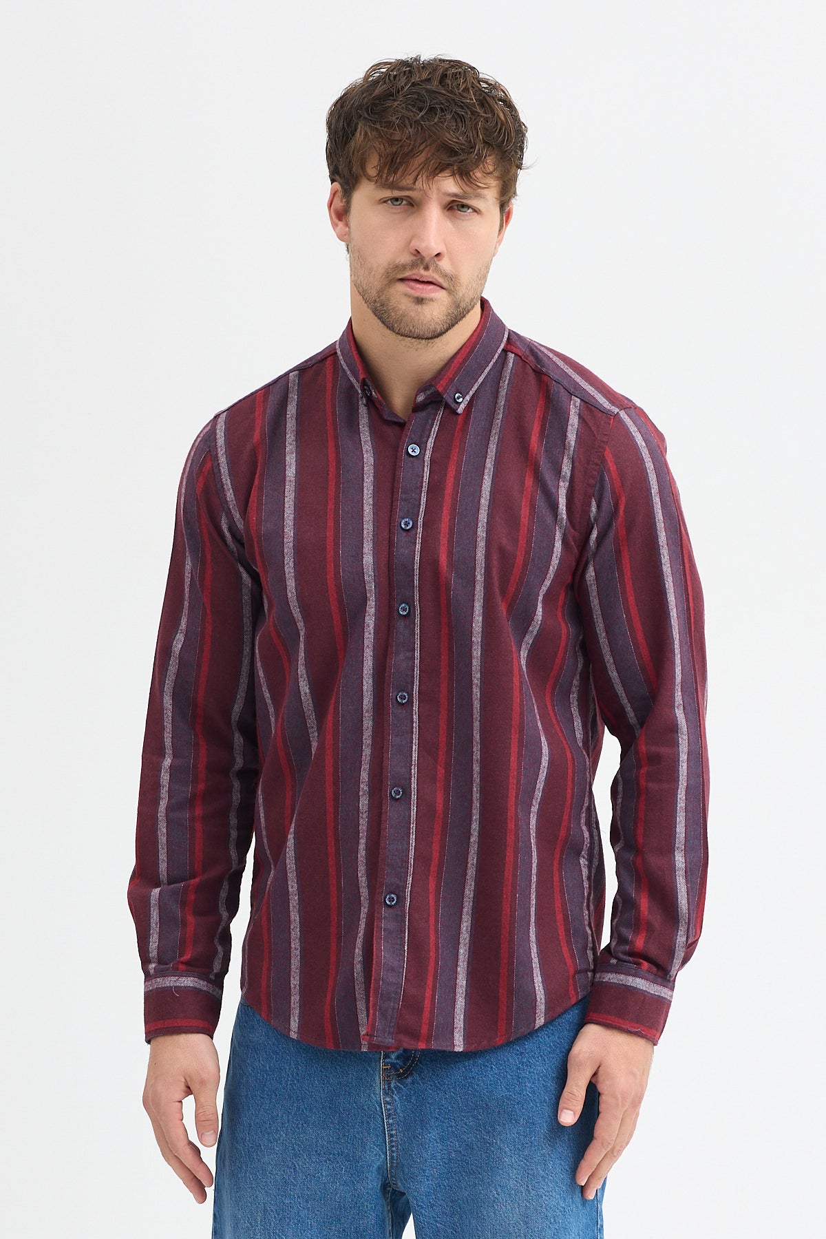 Cosplay Erkek Melanj Dikine Çizgili Button Down Regular Fit Gömlek