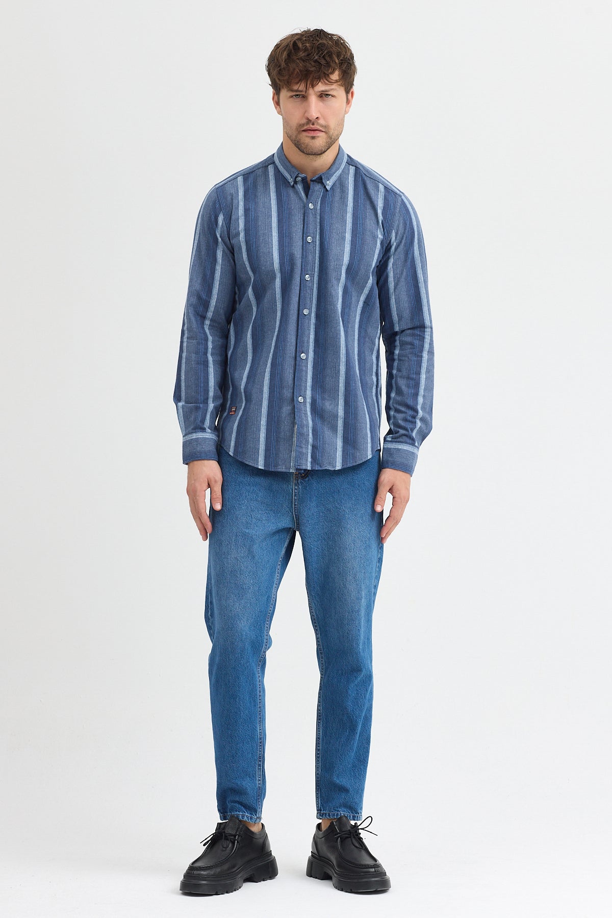 Cosplay Erkek Kalın Çizgili Regular Fit Pamuklu Uzun Kollu Gömlek