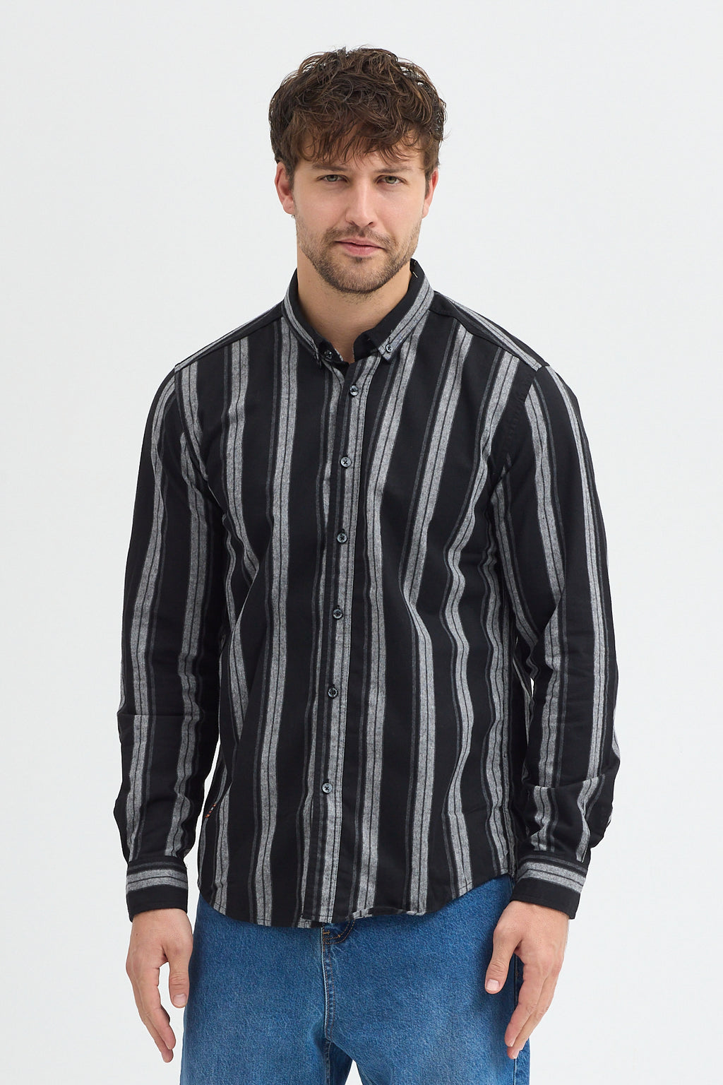 %65 Pamuk Melanj Çizgili Regular Fit Uzun Kollu Erkek Gömlek Düğmeli Yaka
