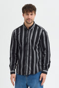%65 Pamuk Melanj Çizgili Regular Fit Uzun Kollu Erkek Gömlek Düğmeli Yaka