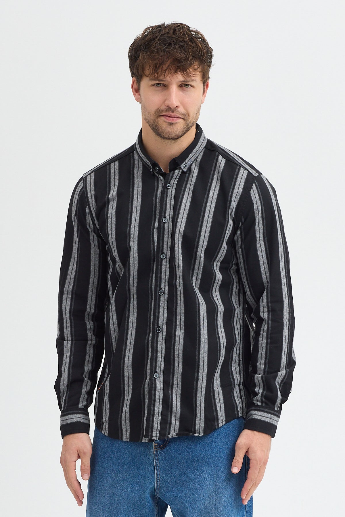 %65 Pamuk Melanj Çizgili Regular Fit Uzun Kollu Erkek Gömlek Düğmeli Yaka