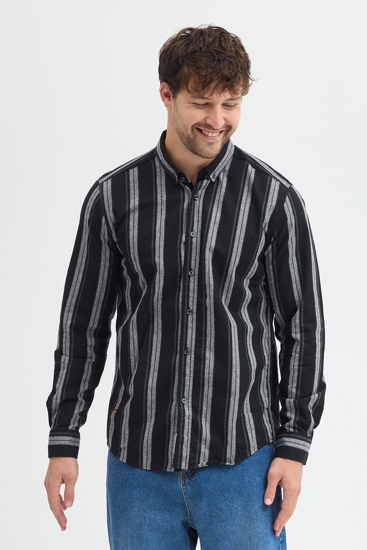 %65 Pamuk Melanj Çizgili Regular Fit Uzun Kollu Erkek Gömlek Düğmeli Yaka
