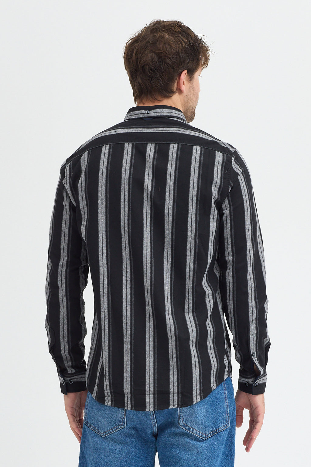 %65 Pamuk Melanj Çizgili Regular Fit Uzun Kollu Erkek Gömlek Düğmeli Yaka