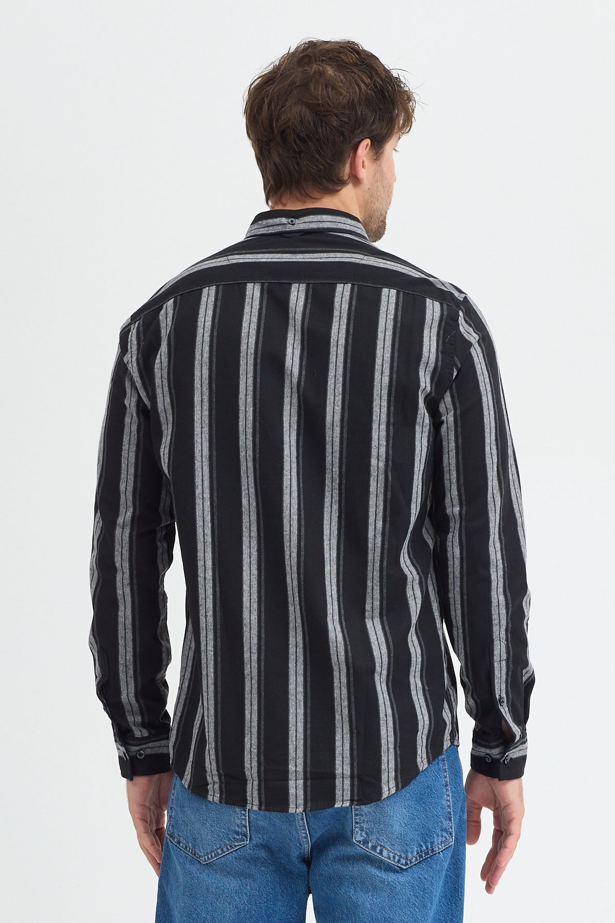 %65 Pamuk Melanj Çizgili Regular Fit Uzun Kollu Erkek Gömlek Düğmeli Yaka