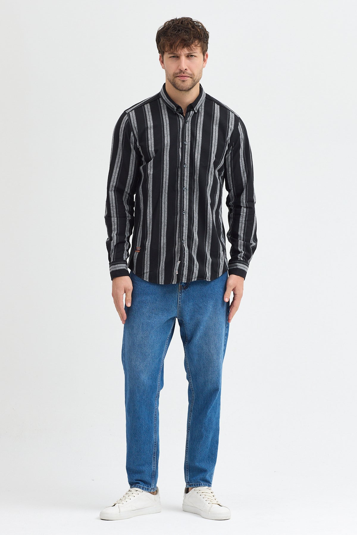%65 Pamuk Melanj Çizgili Regular Fit Uzun Kollu Erkek Gömlek Düğmeli Yaka