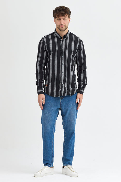 %65 Pamuk Melanj Çizgili Regular Fit Uzun Kollu Erkek Gömlek Düğmeli Yaka