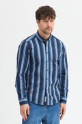 %65 Pamuk Melanj Çizgili Regular Fit Uzun Kollu Erkek Gömlek Düğmeli Yaka