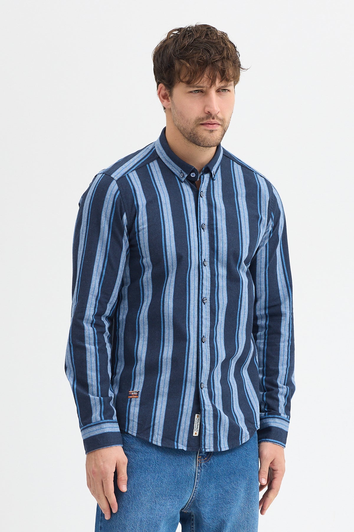 %65 Pamuk Melanj Çizgili Regular Fit Uzun Kollu Erkek Gömlek Düğmeli Yaka