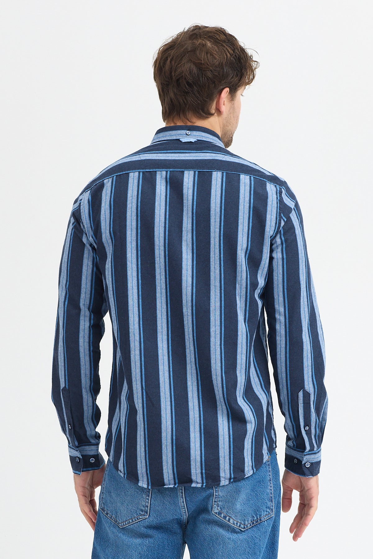 %65 Pamuk Melanj Çizgili Regular Fit Uzun Kollu Erkek Gömlek Düğmeli Yaka