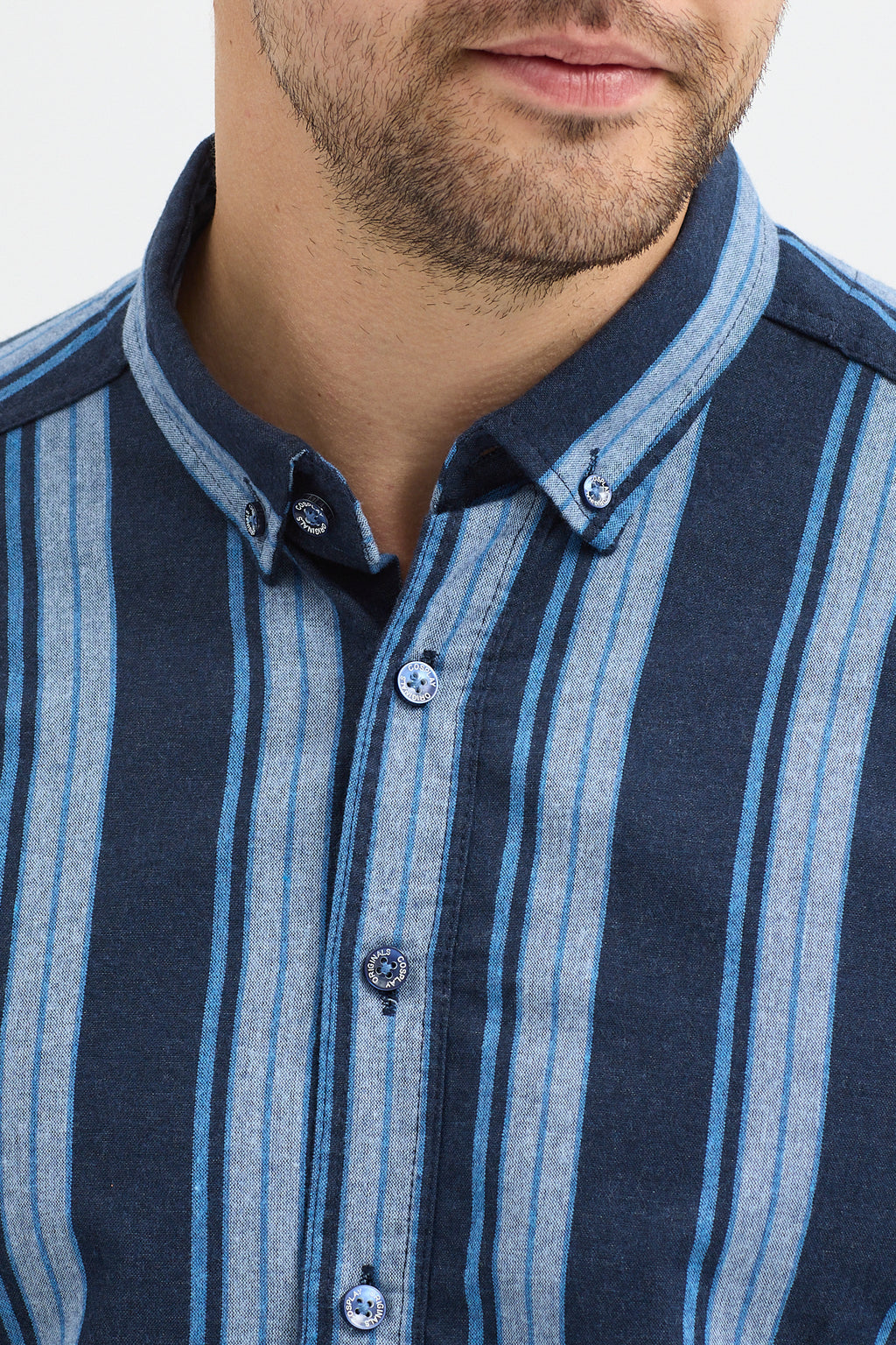 %65 Pamuk Melanj Çizgili Regular Fit Uzun Kollu Erkek Gömlek Düğmeli Yaka