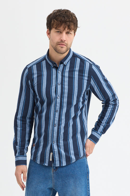 %65 Pamuk Melanj Çizgili Regular Fit Uzun Kollu Erkek Gömlek Düğmeli Yaka