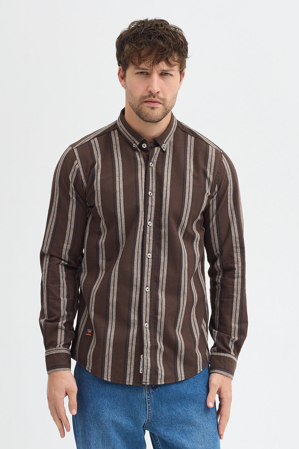 %65 Pamuk Melanj Çizgili Regular Fit Uzun Kollu Erkek Gömlek Düğmeli Yaka