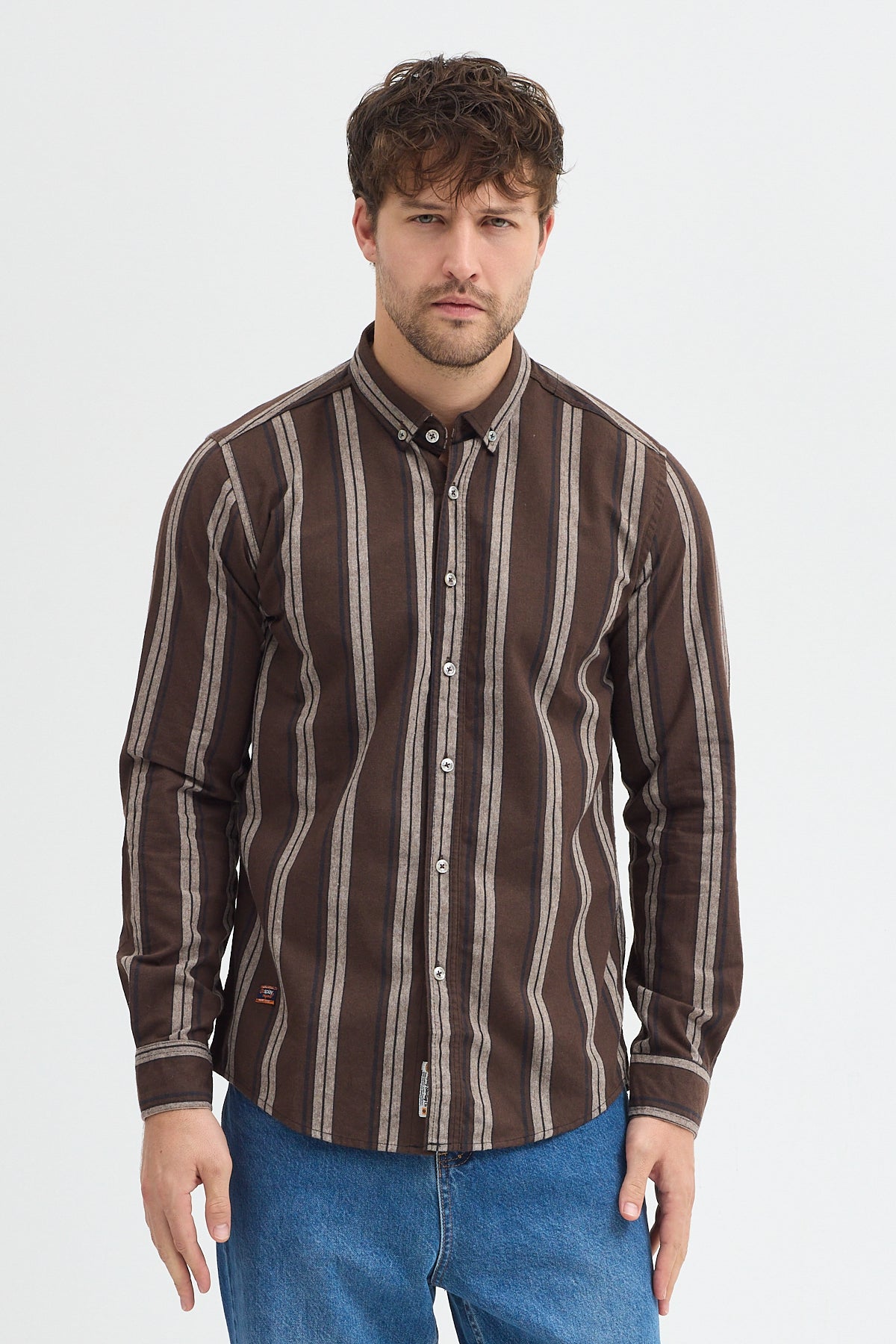 %65 Pamuk Melanj Çizgili Regular Fit Uzun Kollu Erkek Gömlek Düğmeli Yaka