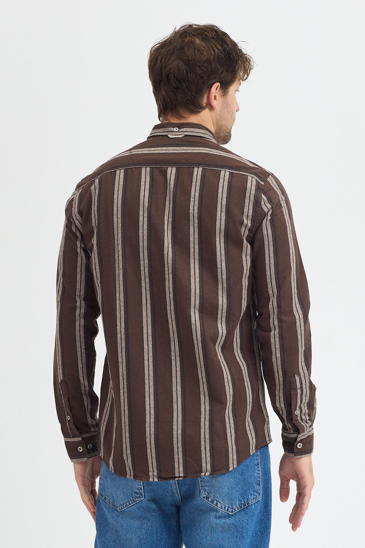 %65 Pamuk Melanj Çizgili Regular Fit Uzun Kollu Erkek Gömlek Düğmeli Yaka