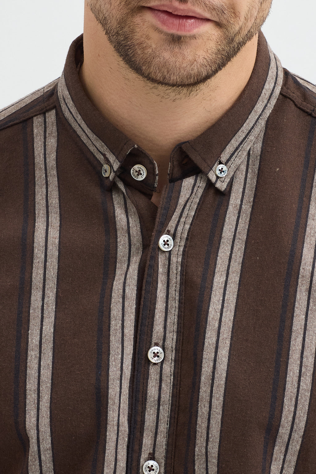 %65 Pamuk Melanj Çizgili Regular Fit Uzun Kollu Erkek Gömlek Düğmeli Yaka