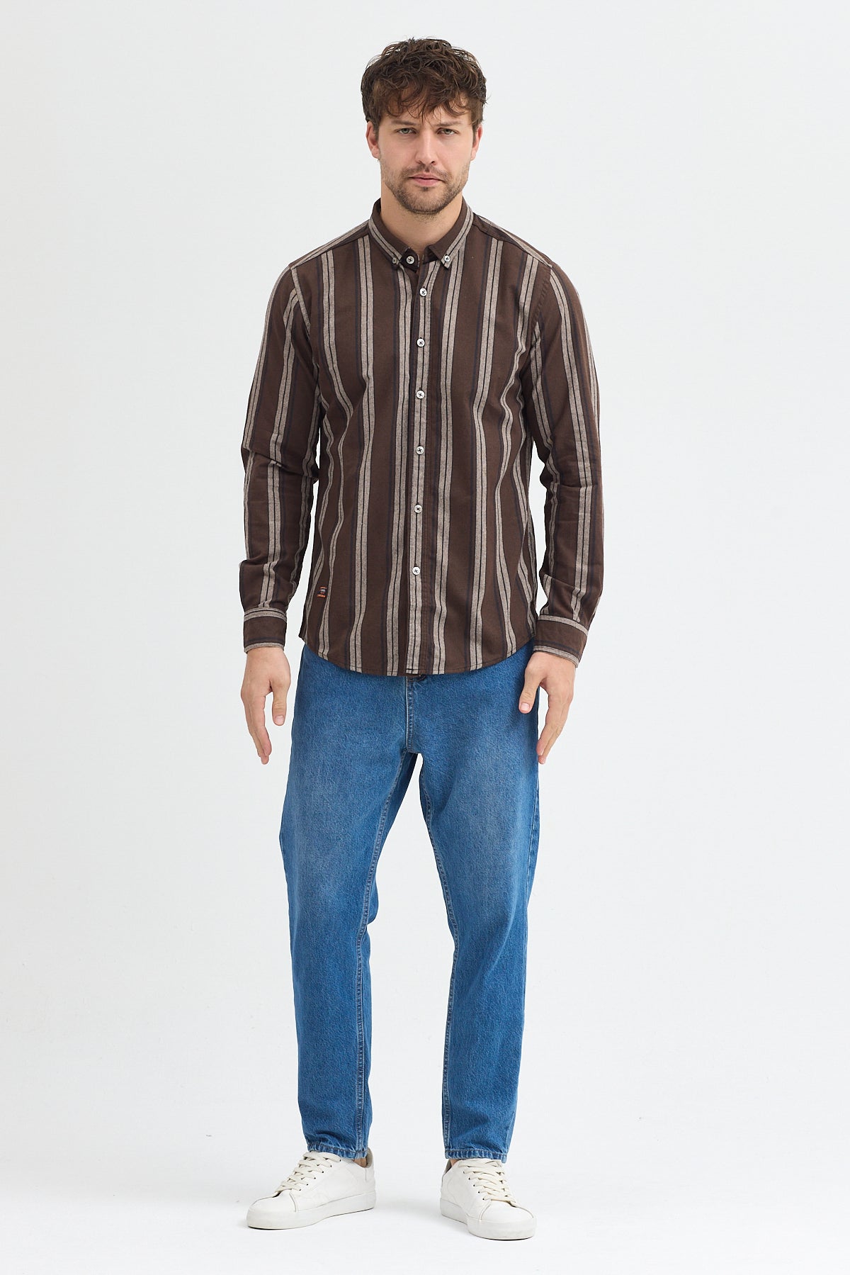 %65 Pamuk Melanj Çizgili Regular Fit Uzun Kollu Erkek Gömlek Düğmeli Yaka