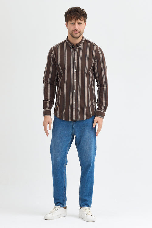 %65 Pamuk Melanj Çizgili Regular Fit Uzun Kollu Erkek Gömlek Düğmeli Yaka