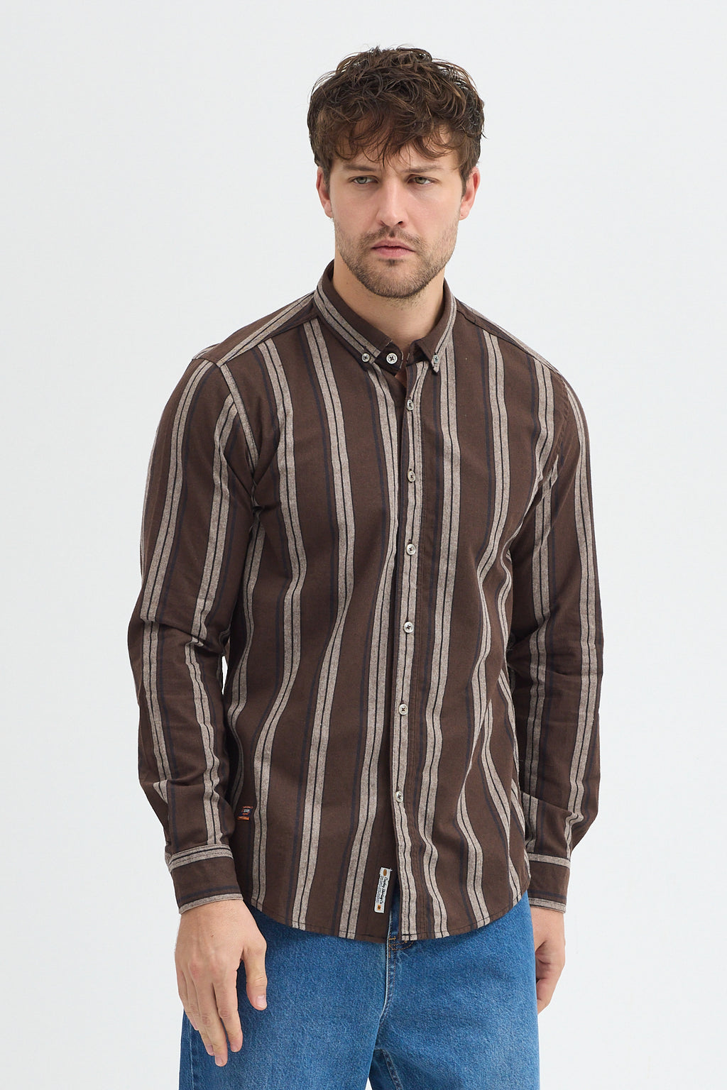 %65 Pamuk Melanj Çizgili Regular Fit Uzun Kollu Erkek Gömlek Düğmeli Yaka