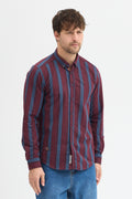 %65 Pamuk Melanj Çizgili Regular Fit Uzun Kollu Erkek Gömlek Düğmeli Yaka
