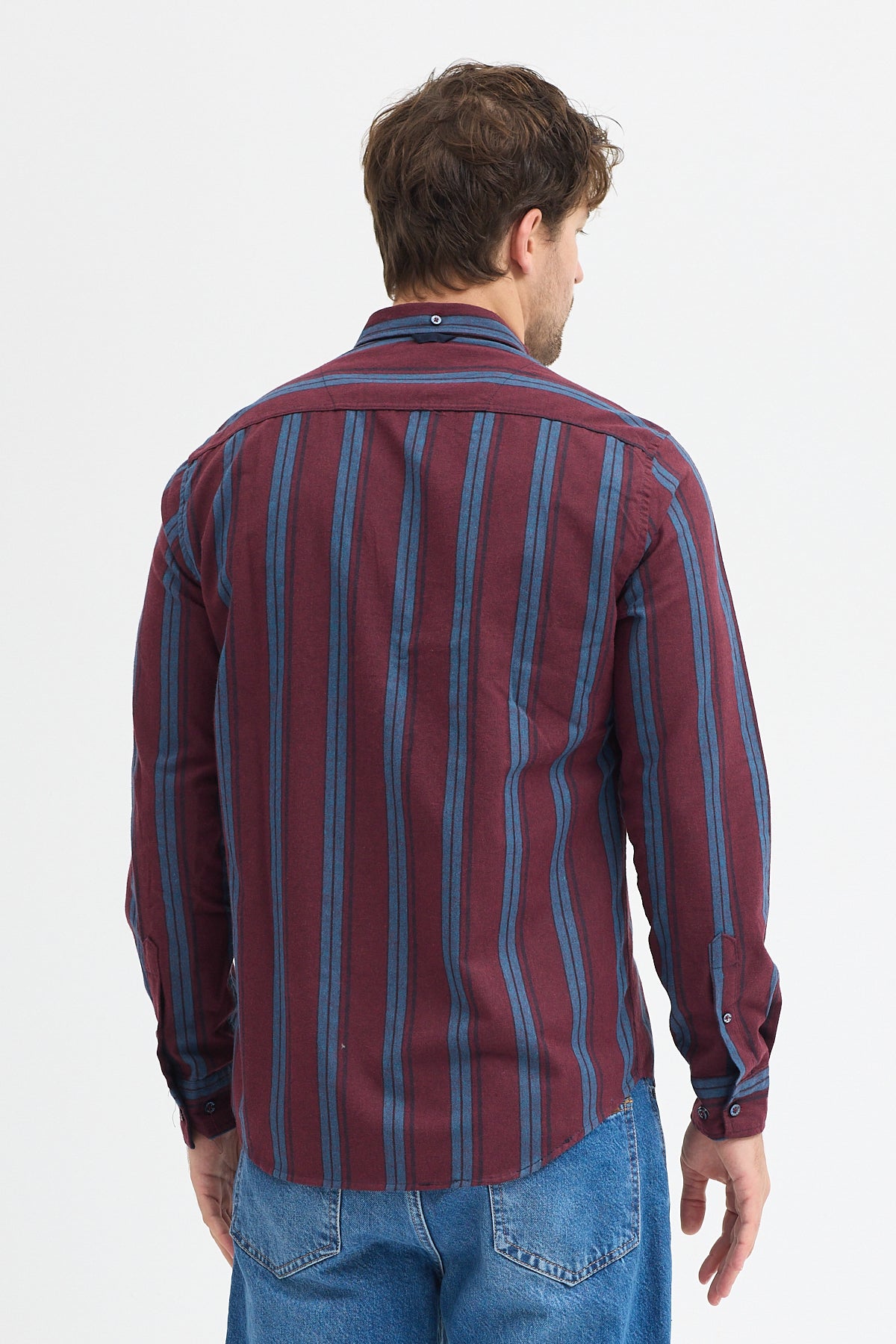 %65 Pamuk Melanj Çizgili Regular Fit Uzun Kollu Erkek Gömlek Düğmeli Yaka