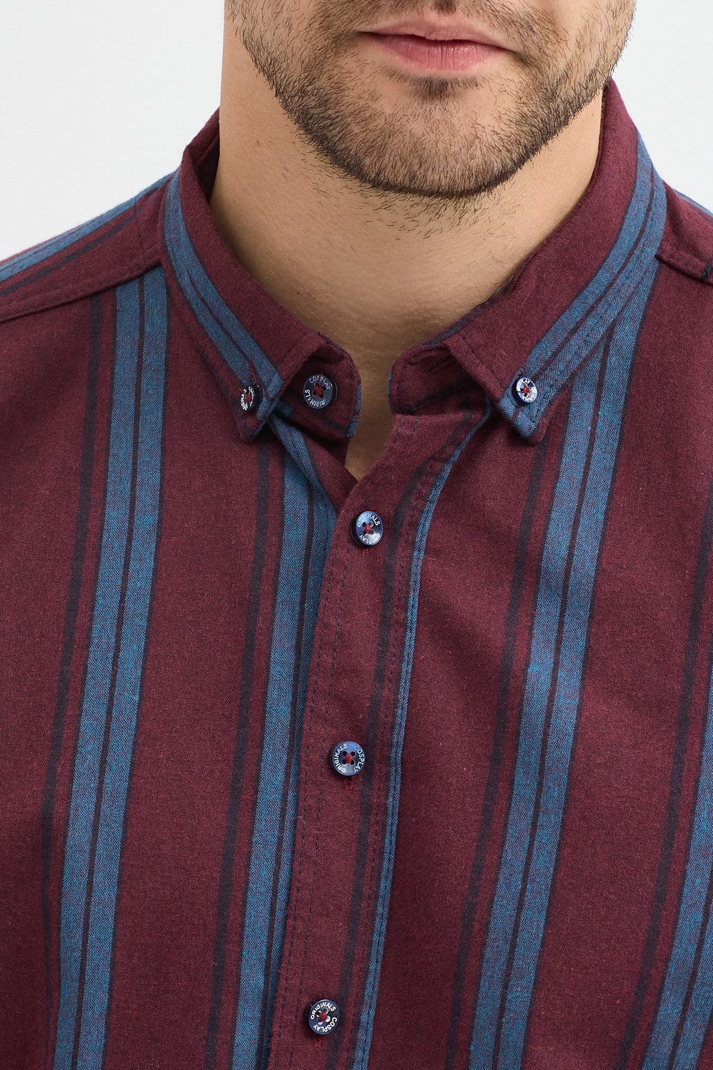 %65 Pamuk Melanj Çizgili Regular Fit Uzun Kollu Erkek Gömlek Düğmeli Yaka