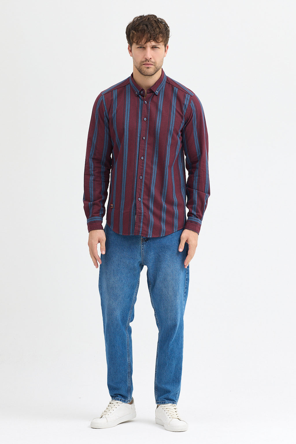 %65 Pamuk Melanj Çizgili Regular Fit Uzun Kollu Erkek Gömlek Düğmeli Yaka