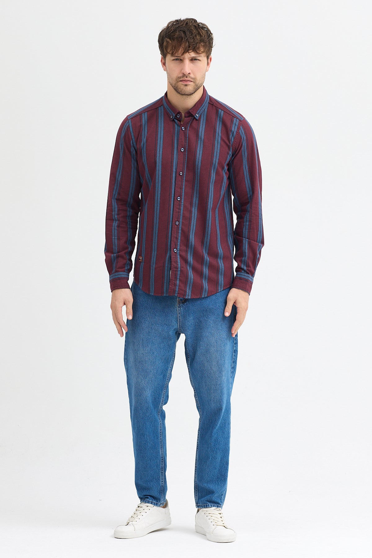 %65 Pamuk Melanj Çizgili Regular Fit Uzun Kollu Erkek Gömlek Düğmeli Yaka