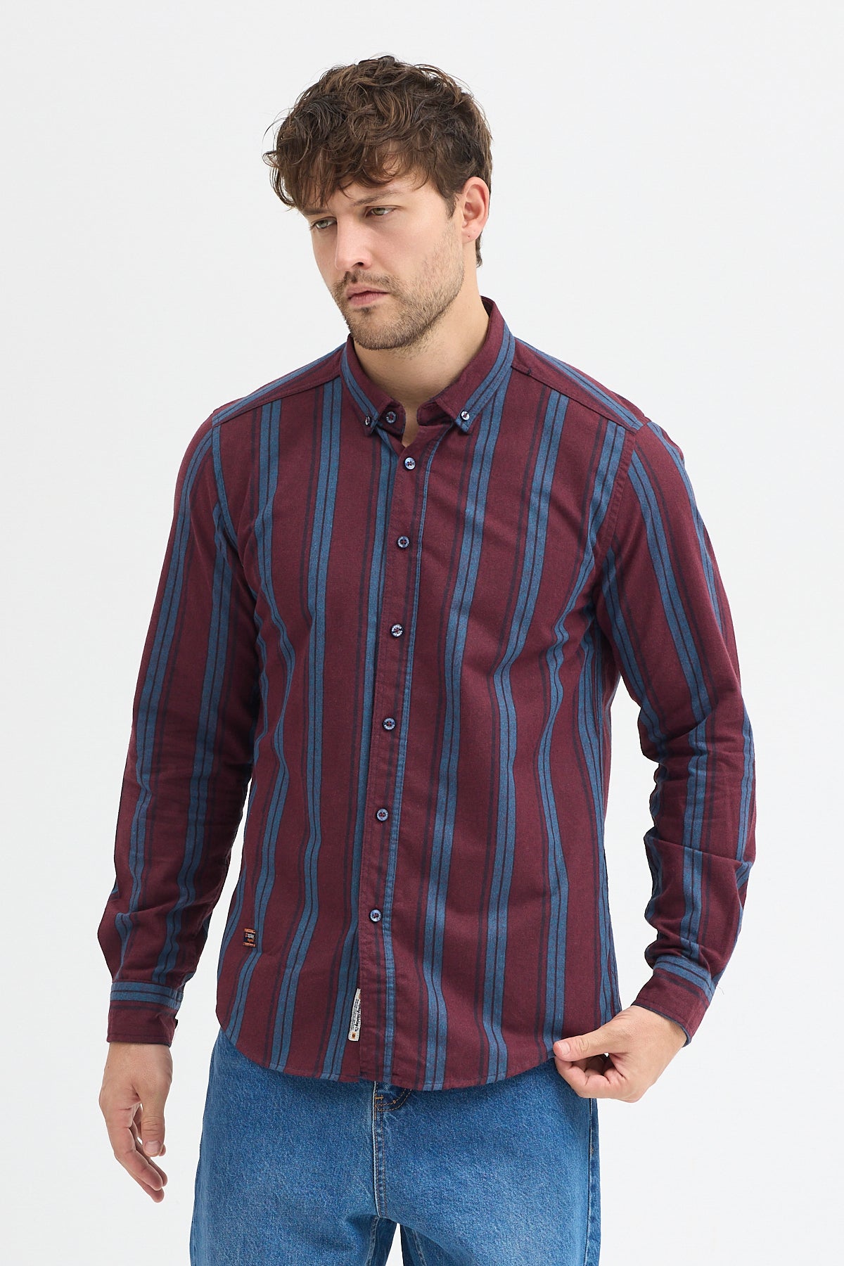 %65 Pamuk Melanj Çizgili Regular Fit Uzun Kollu Erkek Gömlek Düğmeli Yaka