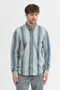 Regular Fit Pamuk Karışımlı Melanj Çizgili Düğmeli Yaka Erkek Gömlek