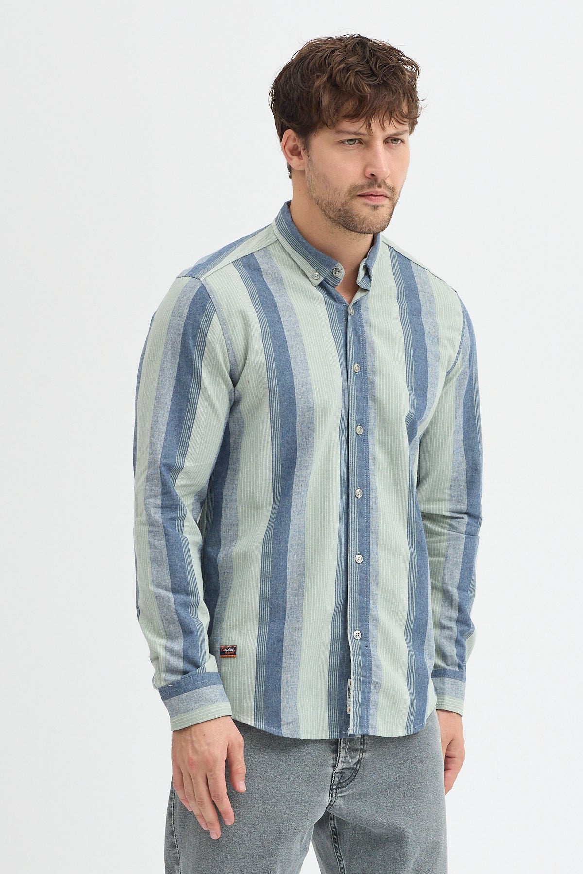 Regular Fit Pamuk Karışımlı Melanj Çizgili Düğmeli Yaka Erkek Gömlek