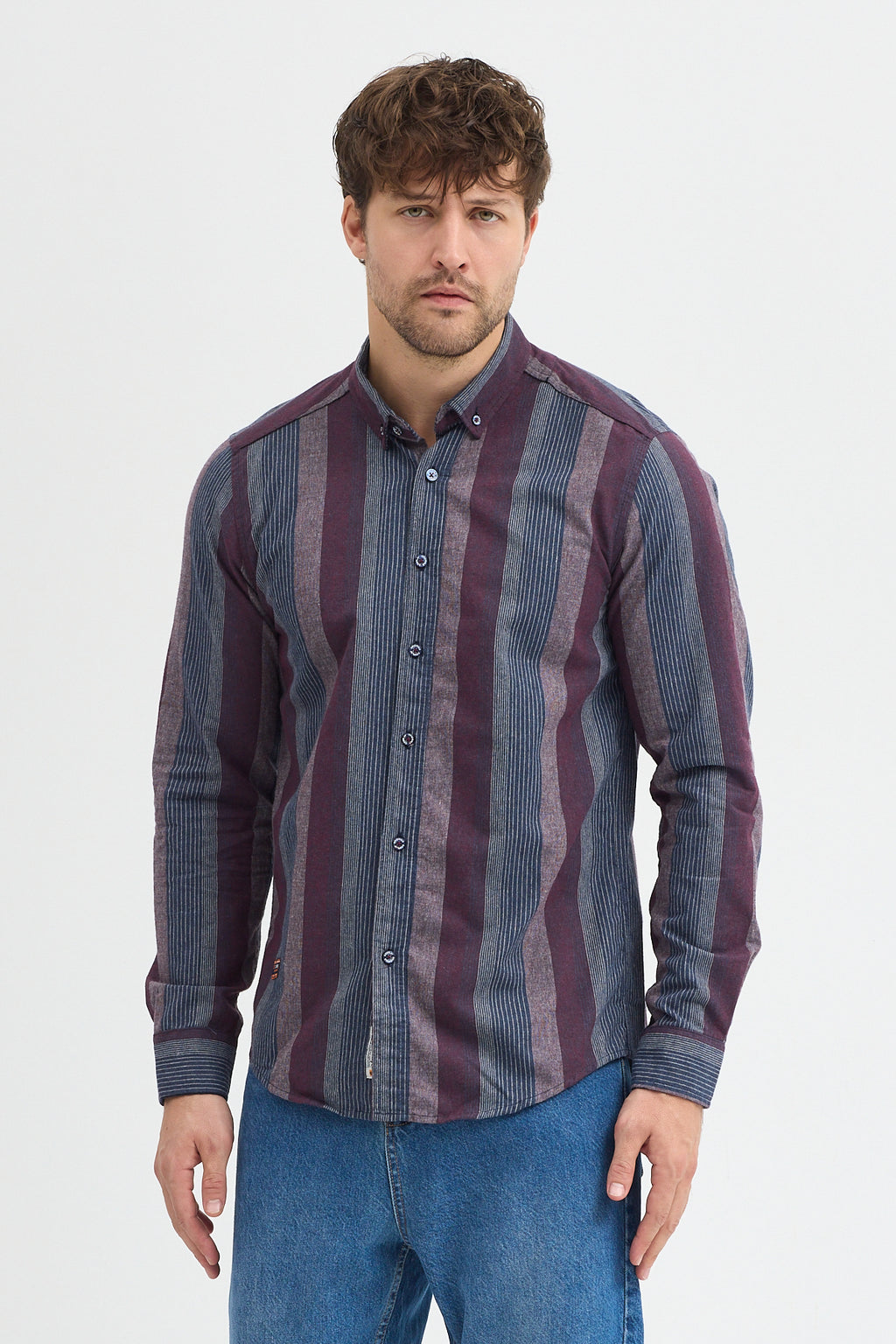 Regular Fit Pamuk Karışımlı Melanj Çizgili Düğmeli Yaka Erkek Gömlek