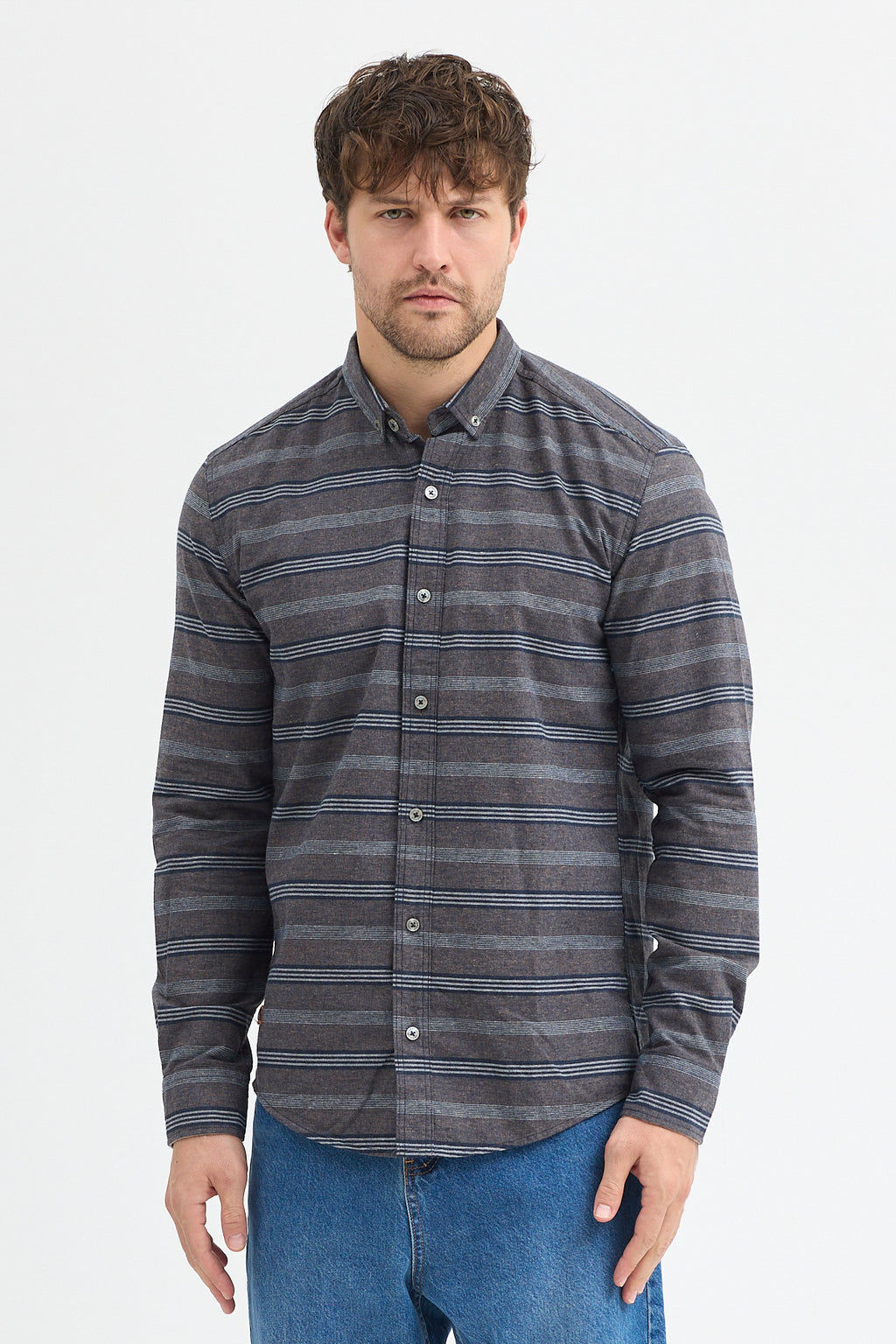 Regular Fit Pamuk Karışımlı Melanj Yatay Çizgili Düğmeli Yaka Gömlek
