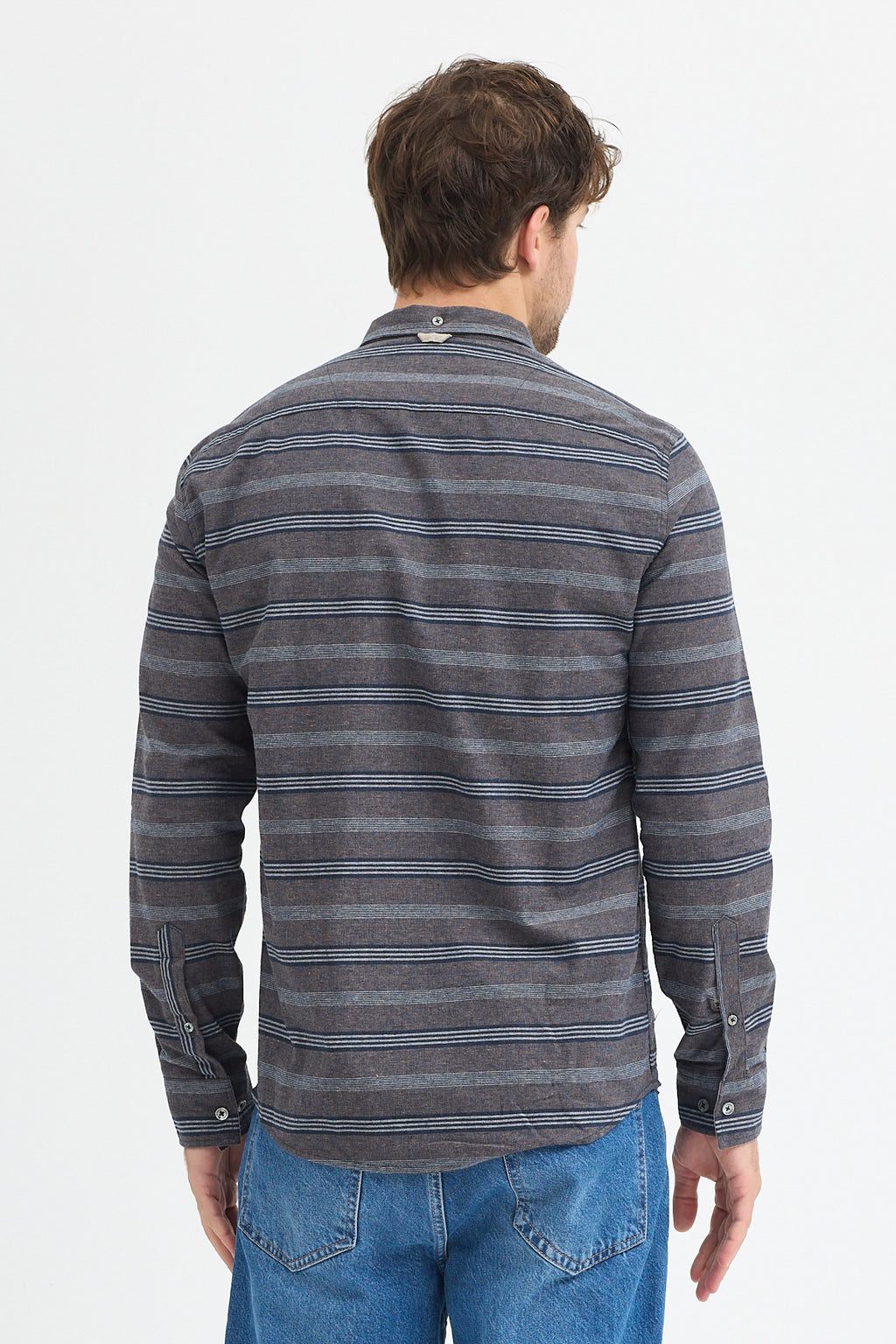 Regular Fit Pamuk Karışımlı Melanj Yatay Çizgili Düğmeli Yaka Gömlek