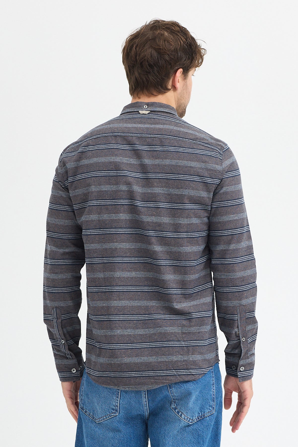 Regular Fit Pamuk Karışımlı Melanj Yatay Çizgili Düğmeli Yaka Gömlek